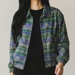 FUDA Silk jacket 90s Art Deco Geometric Print Size Petite‎ Small Bomber green